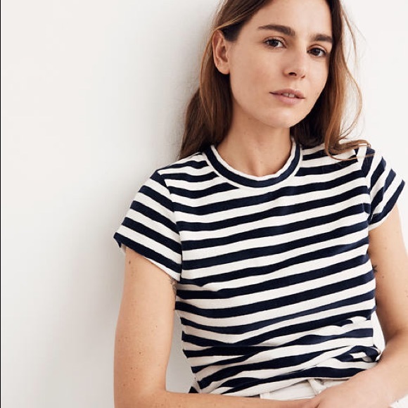Madewell | NWT velour crew neck Tee Navy and White stripe - Picture 1 of 4